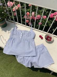 Comfortcana 2件夏季度假条纹吊带背心和短裤套装 - 藍白色 - 查看 5