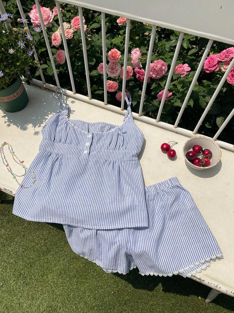 Comfortcana 2pcs Summer Vacation Stripe Camisole Top And Shorts Set - Blue and White - View 5