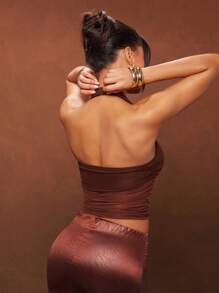 Hauture Women Sexy Solid Color Ruched Mesh Backless Halter Neck Top - Brown - View 4