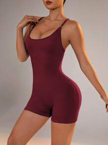 SHEIN Core Rhythm Women Solid Color Backless Tie Sports Jumpsuits Workout Rompers Jumpsuits Workout Clothes Women Women Clothing Athletic Women Sports Outfit - Burgundy - View 7