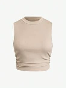Calvaya 2 pezzi Set di donna casual di taglia grande con top a costine color albicocca con colletto alto e arricciature e pantaloni slim fit color marrone