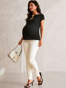 MaterniWear Maternity Work Clothes Maternity T-Shirt Short Sleeve Off Shoulder Solid Color Fashion Suitable For Summer Maternity Clothes Summer - Black - View 4