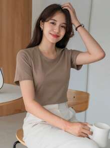 DAZY Camiseta Sólida De Cuello Redondo - Café integral - Ver 5