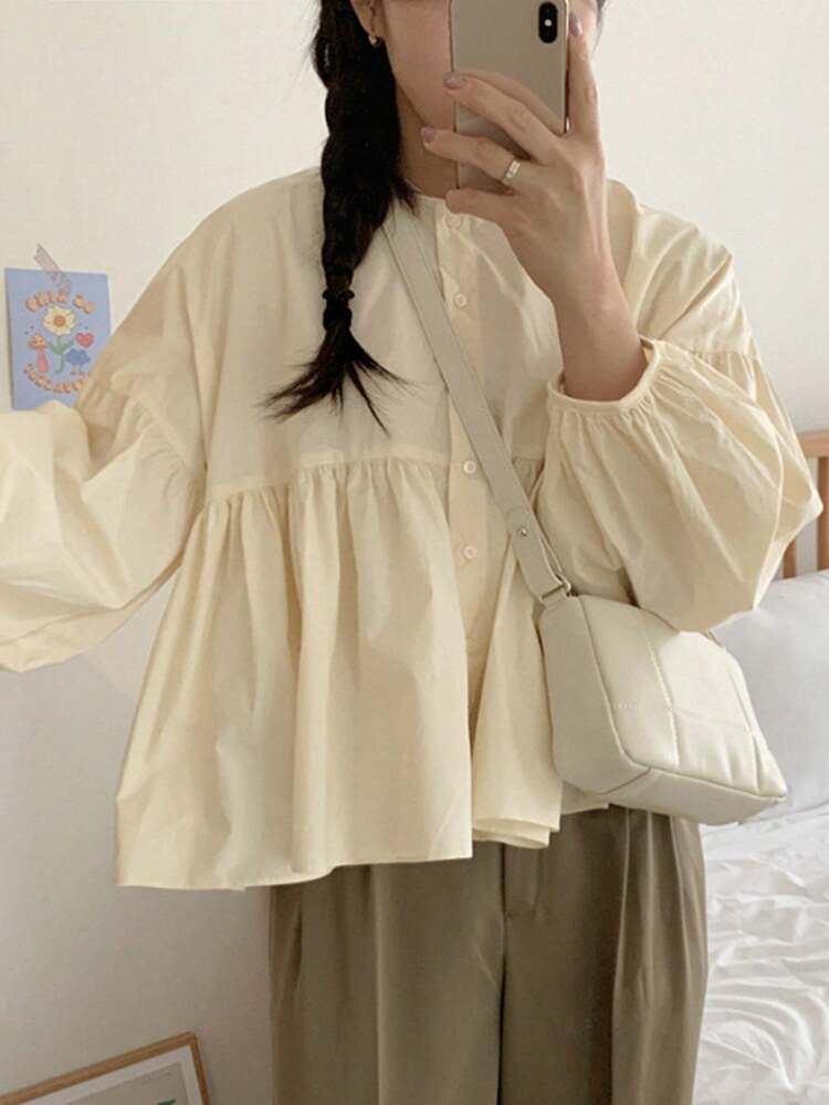 Girly Casual Crew Neck Pleated Puff Sleeve Women Blouse,Fall Clothes