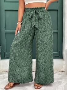 SHEIN Frenchy Plus Size Casual Vacation Tie-Up Wide Leg Pants, Fashionable For Summer,Summer Pants - Green - View 6