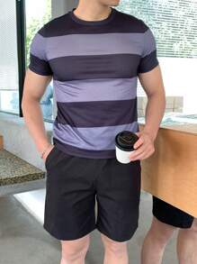 SHEIN 青少年男孩黑灰条纹宽松T恤和黑色短裤套装，休闲学院风，舒适百搭，适合日常穿着、上学、郊游、运动、海滩度假 - 彩色 - 查看 1