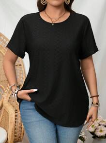SHEIN LUNE Camiseta casual de talla grande de unicolor con cuello redondo y manga corta - Negro - Ver 1