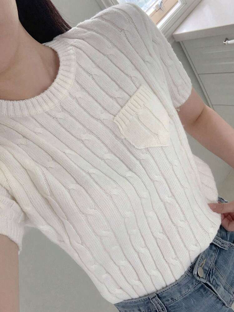 Women's Solid Color Cable Knit Round Neck Short Sleeve Cropped White Knit Top