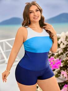 Swim Lushoire Plus Size Women Contrasting Color Block Tankini Bikini Two Pieces Swimsuit For Summer Vacation - Multicolor - View 4