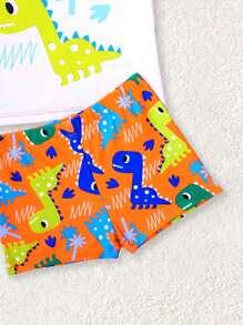 SHEIN Baby Boy Cute Cartoon Dinosaur Printed Short Sleeve Top And Shorts 2 Pieces Swimwear Set, Suitable For Summer Beach, Swimming, Water Park Summer Sets For Baby Boy Boys Summer Clothes Baby Boy Beach Clothes Baby Boys Beach Wear Summer Clothes - Orange - View 4