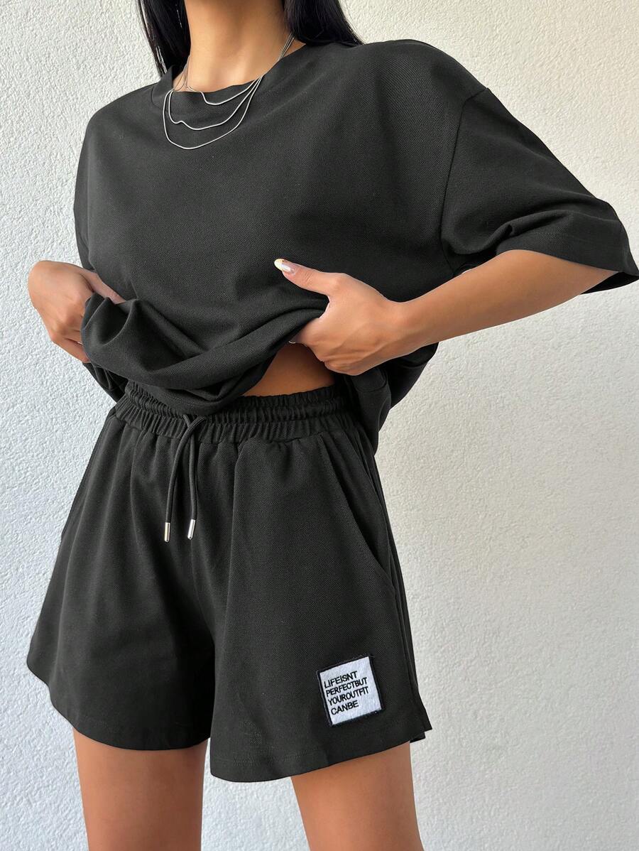 EURMUSE 100%纯棉女式纯色T恤和刺绣短裤