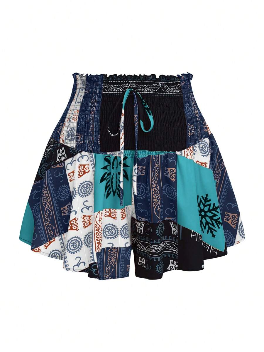 SHEIN LUNE Plus Size Patchwork Print Casual Shorts - Baby Blue - View 1