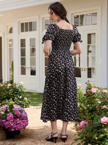 Uhlyne Damen elegantes Blumendruck-Kleid mit Puffärmeln und geraffter Taille, quadratischem Ausschnitt, frischer Urlaubsstil