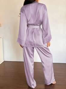 DAZY Minimalist Satin Robe & Pajama Pants Sleepwear Set - Mauve Purple - View 2