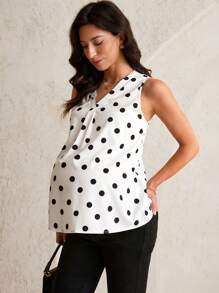 MaterniWear Maternity Polka Dot Print V-Neck Casual Versatile Tank Top  Summer Office/Work  Classy Elegant - Black and White - View 3
