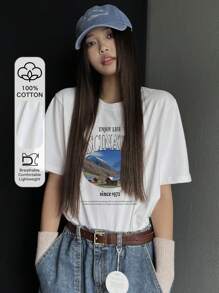 DAZY Camiseta blanca de mujer con cuello redondo y manga corta, estampado gráfico, camiseta oversize para primavera/verano