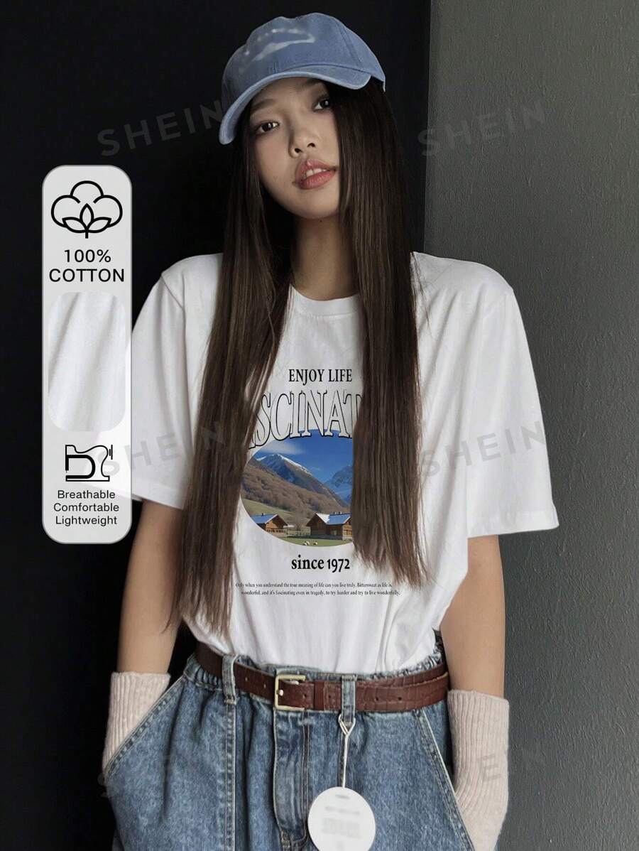 DAZY Camiseta blanca de mujer con cuello redondo y manga corta, estampado gráfico, camiseta oversize para primavera/verano