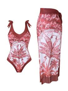 Swim Oasis 2pcs Women's Digital Print Mesh Long Skirt And Strappy One Piece Swimsuit Co-Ord Set, Vacation Style High-End Outfit For Summer - Red - View 1