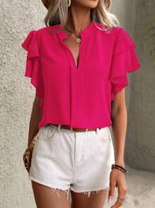 EMERY ROSE 女式简约纯色荷叶边锁孔领衬衫，夏季