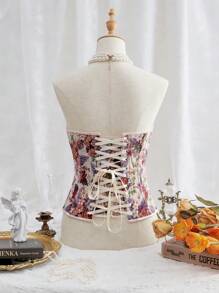 SHEIN MOD Corpiño corto sexy con estampado floral retro, blusas de verano, tops tipo corsé, blusas retro, corsés de verano, blusas para fiestas - Morado - Ver 2