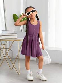 SHEIN Young Girl Plain Knitted Sleeveless Casual Dress For Spring/Summer, Daily Wear
