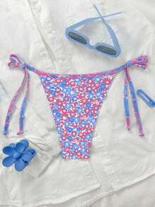 Swim Mod Plus Size Women Summer Beach Wear Random Floral Print Side Bowknot With Ruffle Decor Bikini Bottoms - Multicolor - View 2