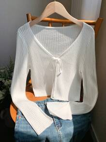 Comfortcana Western Music Festival White Ribbed Knotted Long Sleeve Knit Top For Women In Fall/Winter - White - View 5