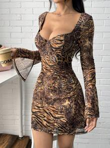 SHEIN EZwear 女士斑马纹喇叭袖修身迷你连衣裙