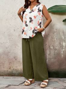 SHEIN VCAY 2pcs/Set Women Plus Size Boho Print Top And Green Pants Set, Fashion New Style For Spring And Summer Going Out Sets, Mother Day Outfit, Vacation Outfits Woman, Rave Outfit, Western Wear Women Plus - Multicolor - View 5