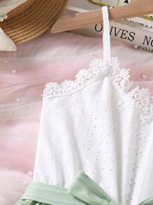 SHEIN Vintaside Kids Tween Girls' Flutter Ruffles Dress With Belt, Textured Fabric, Casual & Versatile, School, Campus, College - Mint Green - View 4