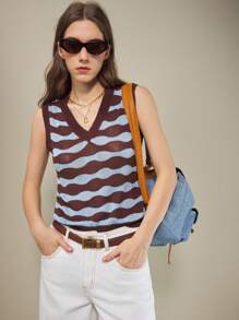 Muvela 2025新款女士夏季休闲条纹无袖针织背心，适合海滩度假、俱乐部、教师制服、乡村音乐节、街头时尚、斯德哥尔摩风格、独立日、户外穿着 - 棕色 - 查看 5