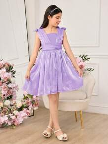 Tween 女童优雅紫色欧根纱无袖连衣裙，夏季 - 淡紫色 - 查看 3