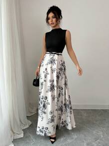 Elenzga 女士音乐节度假罗纹针织玫瑰印花系带腰连衣裙 - 黑色 - 查看 6