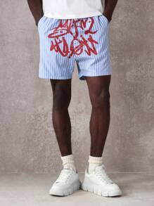 SUMWON Pantalones cortos deportivos de verano con estilo casual de caída de entrepierna, con estampado de rayas, ligeros, con ajuste relajado para caminar, correr, playa, vacaciones, con estampado de grafiti en estilo urbano - Azul y blanco - Ver 1