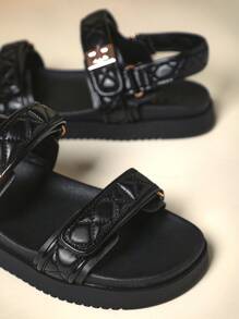 SHUZIA Hot Most Wanted Women's 3cm Platform Quilted Strap Black Sandals - Gold Accent & Puff Cushion Spring 2025 | Luxury Slides With Adjustable Buckle