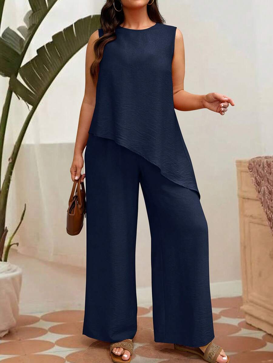 SHEIN Clasi 大码休闲无袖不对称下摆上衣和长裤两件套 - 藏蓝色 - 查看 1