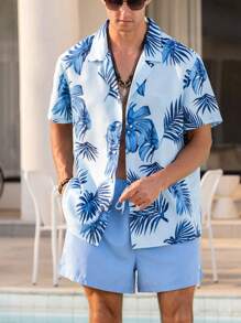 Manfinity Swimmode Plus Size Men's Tropical Print Shirt And Shorts Beach Outfit