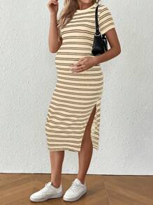 SHEIN Maternity Casual Striped Round Neck Short Sleeve Split Hem Dress - Mocha Brown - View 3