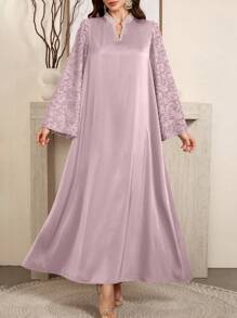 SHEIN Najma 勃艮第红色女式 V 领喇叭袖仿珍珠装饰优雅阿拉伯连衣裙，优雅端庄的华丽束腰外衣阿拉伯长袍，适合晚会/日常休闲 - 紫色 - 查看 7