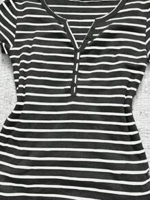Chiquease Women's Casual Chic Button Placket Striped Short Sleeve T-Shirt - Black - View 3