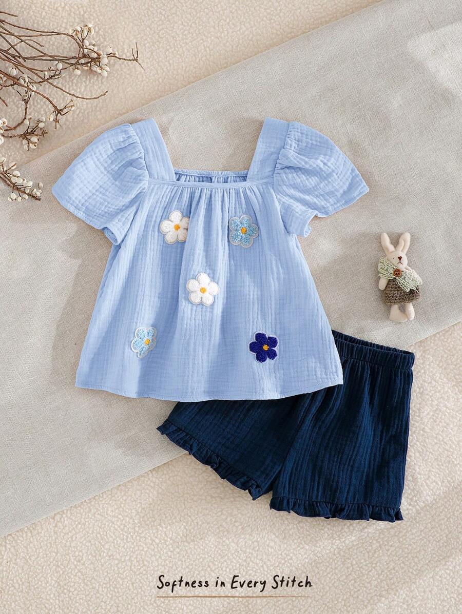 Cozy Pixies 2pcs Baby Girl Floral Print Ruffle Collar Puff Sleeve Pullover Top And Elastic Waist Pants Set