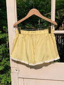 Comfortcana Women's Yellow Gingham Mini Shorts: Casual Woven Fabric Paperbag Waist Shorts With Ruffle Trim - Yellow - View 2