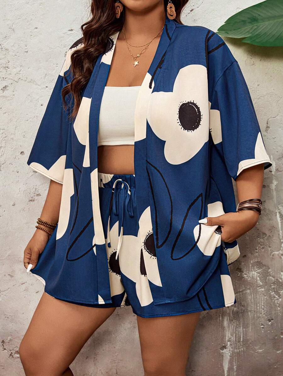 SHEIN VCAY 2pcs Plus Size Floral Short Sleeve Shirt And Shorts Set, Fashionable For Summer,Mother Day Outfit, Vacation Outfits Woman, Rave Outfit, Western Wear Women Plus - Navy Blue - View 1
