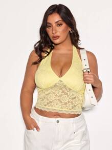 SHEIN BAE Top d'été en dentelle sexy et mignon, col en V, dos nu, style bohème. Convient pour les femmes, les grandes tailles, les vacances d'été, les sorties, les festivals de musique, les fêtes, les concerts, les carnavals. Couleur jaune beurre.