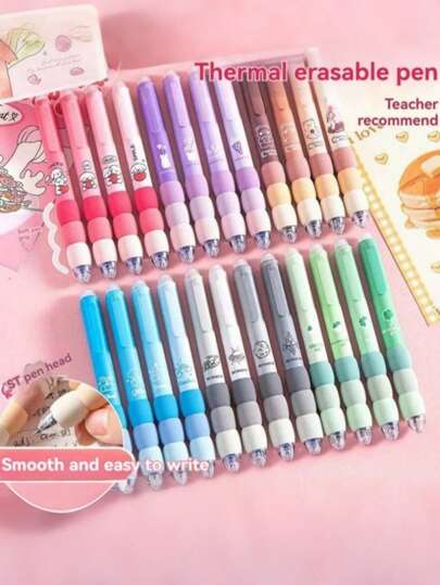 SHEIN 4 支/套可擦咖啡熊海绵握把中性笔，适合小学生使用，0.5 毫米，带 ST 按压，易擦笔帽，开学季适用