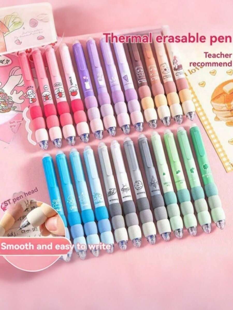 SHEIN 4 支/套可擦咖啡熊海绵握把中性笔，适合小学生使用，0.5 毫米，带 ST 按压，易擦笔帽，开学季适用