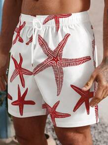 Manfinity Swimmode 男士休闲海星印花沙滩短裤 男士泳裤 男士泳裤 男士泳裤 沙滩、夏威夷风 - 紅色 - 查看 5