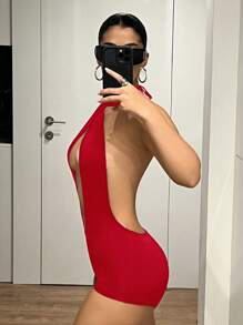 SHEIN ICON Cross Back Deep V-Neck Sexy Bodycon Jumpsuit - Red - View 5