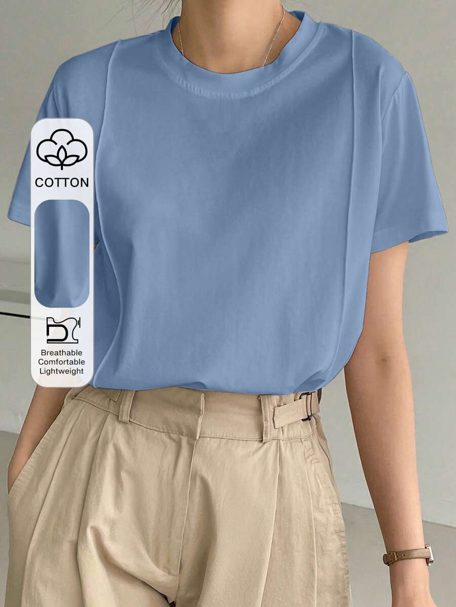 Dazy-Less Solid Seam Detail Tee Old Money Style Business Casual Woman Work Clothes - Blue - View 1