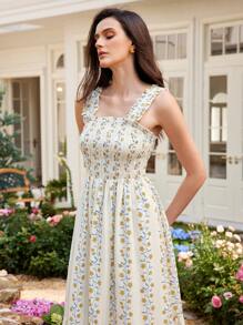 Chiquease Vestito midi con stampa floreale senza maniche, con volant, stile casual da resort per le donne
